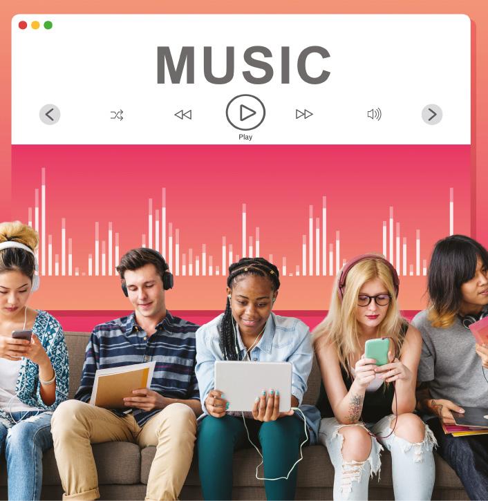 People listening to music on phones and laptops