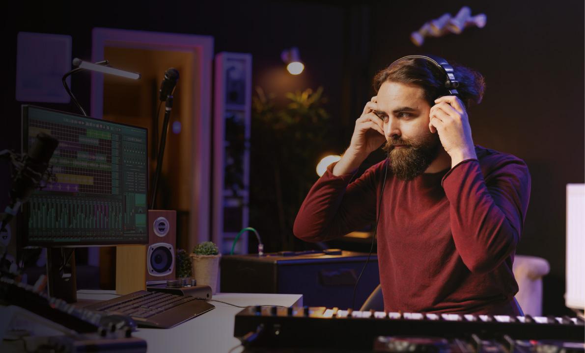 Audio producer listening on headphones in a studio