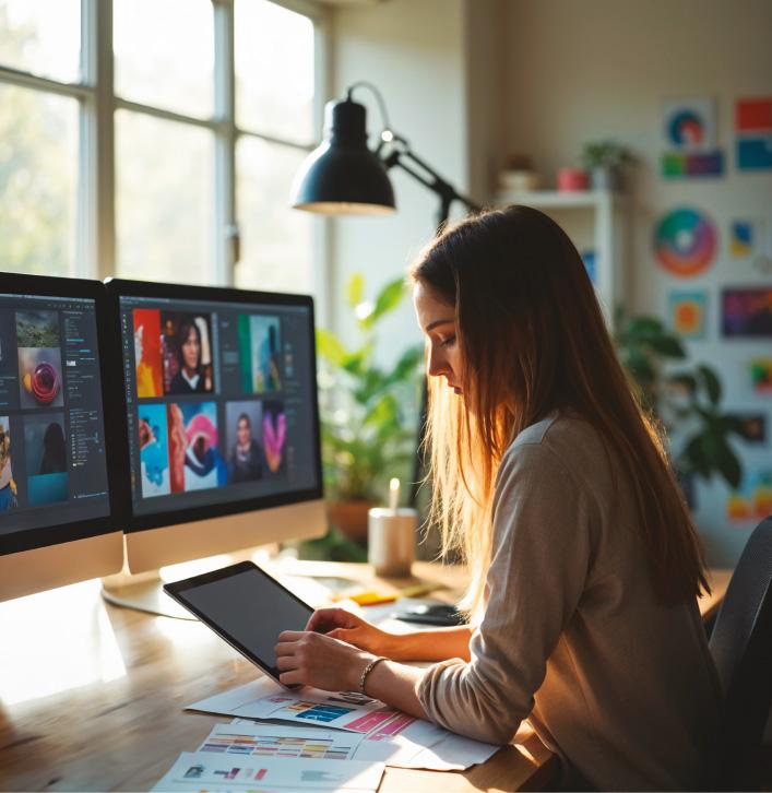 Designer reviewing creative on a tablet at her desk