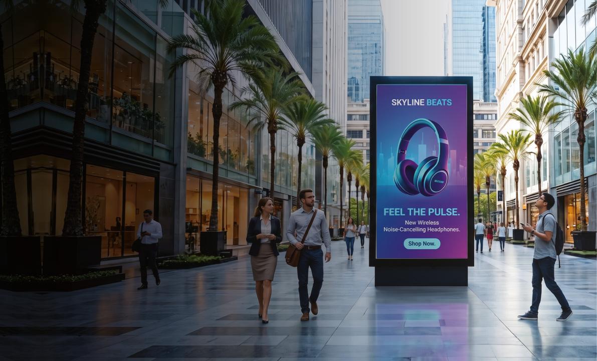 Digital out-of-home screen in a public plaza